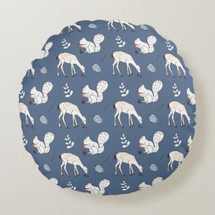 Cute Squirrel & Deer Blue Woodland Pattern Round Cushion