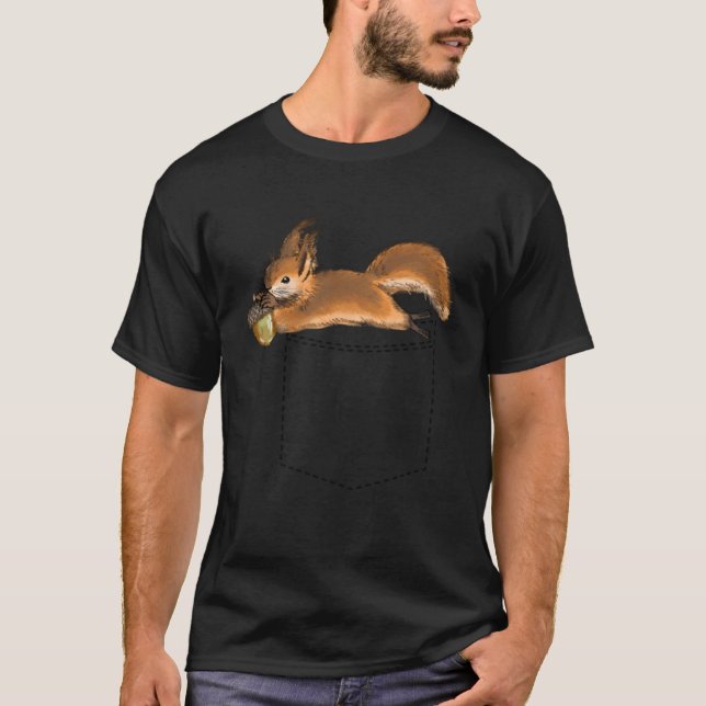 Cute Squirrel Eats Acorn on a Pocket Funny Rodent  T-Shirt (Front)