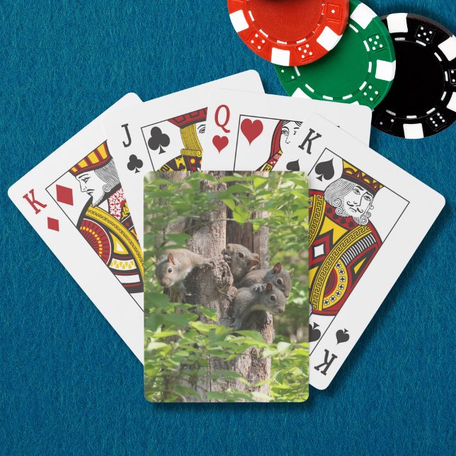 Cute Squirrel Family in Spring Nature Photography Playing Cards (A funny squirrel family peeks out of a leafy tree on these playing cards. A great stocking stuffer!)