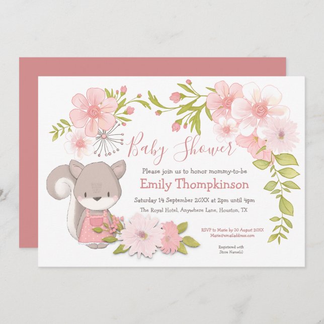 Cute Squirrel Flowers Leaves Frame Baby Shower Invitation (Front/Back)
