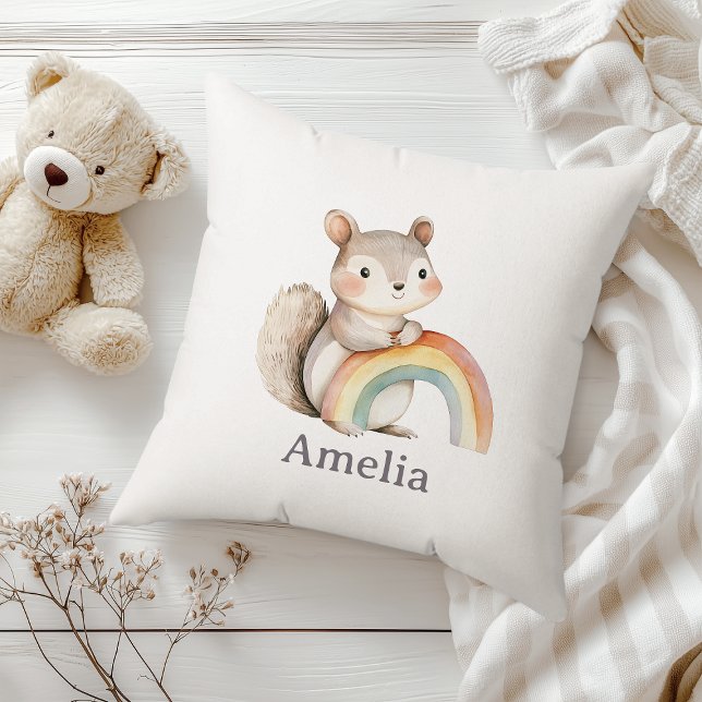 Cute Squirrel Holding A Rainbow Modern Nursery Cushion (Creator Uploaded)