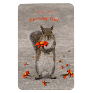 Cute Squirrel holding a red flower personalise Magnet