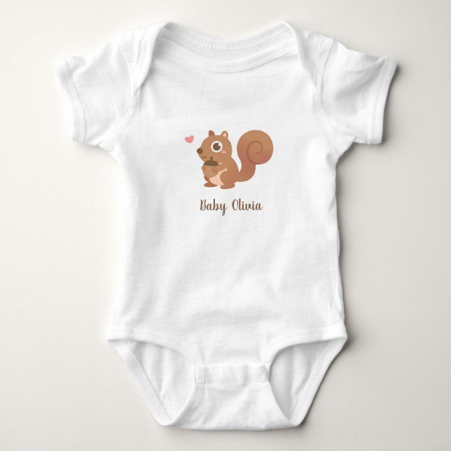 Cute Squirrel Holding Acorn Personalised Baby Bodysuit (Front)