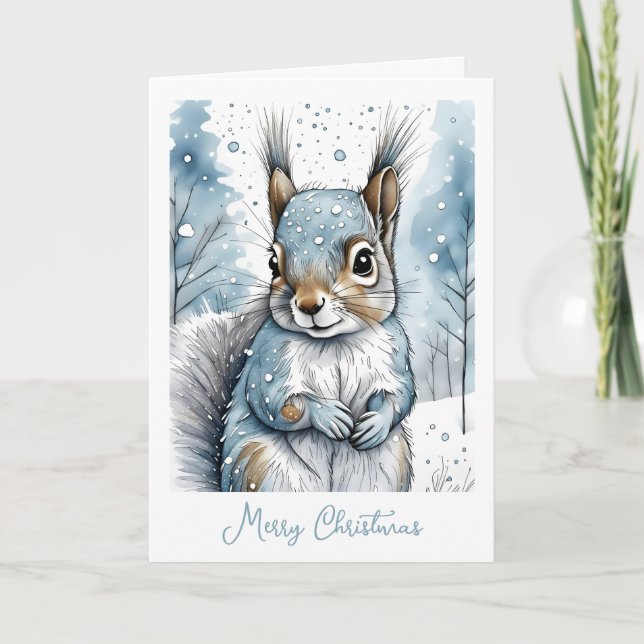Cute Squirrel in Snow Christmas Holiday Card (Front)