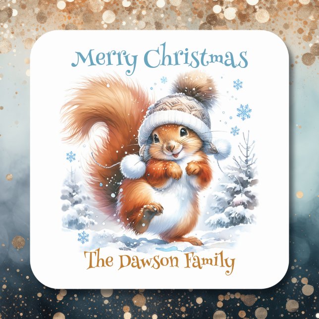Cute Squirrel in the Snow Personalised Christmas Square Sticker (Creator Uploaded)