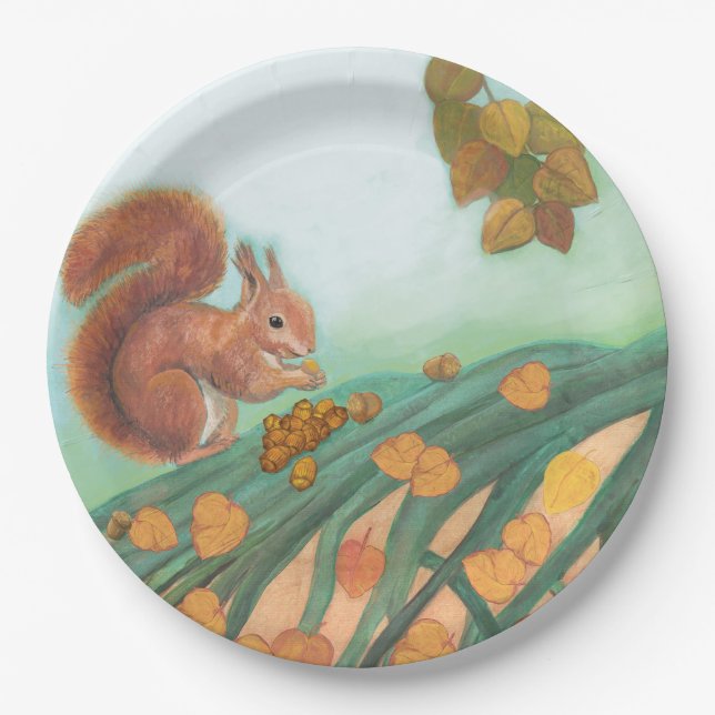 Cute Squirrel is Eating Hazelnut Illustration  Paper Plate (Front)