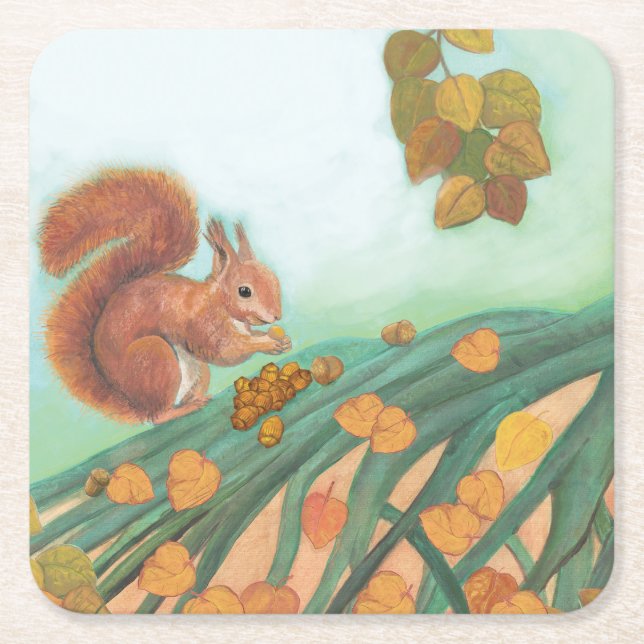 Cute Squirrel is Eating Hazelnut Illustration Square Paper Coaster (Front)