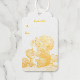 Cute Squirrel Licking Lips Sitting in Pile of Nuts Gift Tags