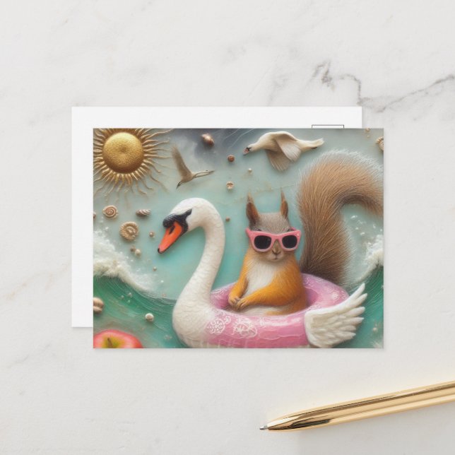 Cute Squirrel on a Pink and White Swan Floatie  Postcard (Front/Back In Situ)