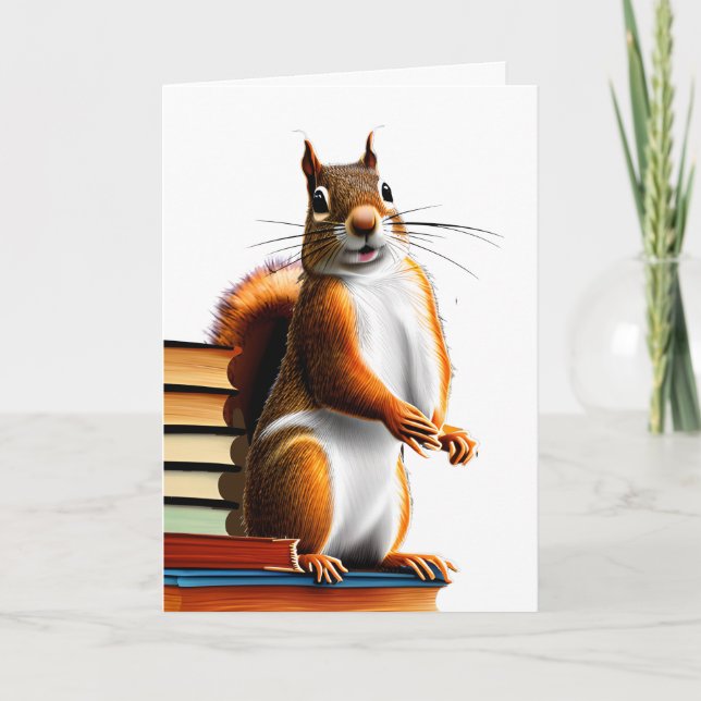 Cute Squirrel on Books Happy Birthday Card (Front)