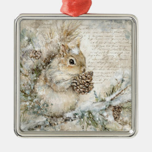 Cute squirrel on the pine branch. Vintage. Metal Tree Decoration
