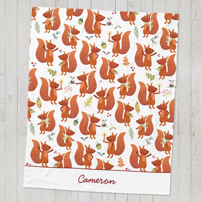 Cute Squirrel Personalised Woodland Fleece Blanket (Cute squirrel pattern personalized custom name fleece blanket)