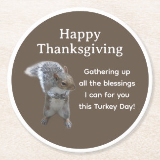 Cute Squirrel Photo Happy Thanksgiving Day         Round Paper Coaster
