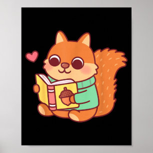 Cute squirrel reading a book lovers anime kawaii poster
