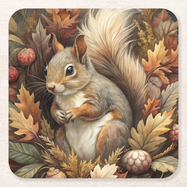 Cute Squirrel Square Paper Coaster (Front)