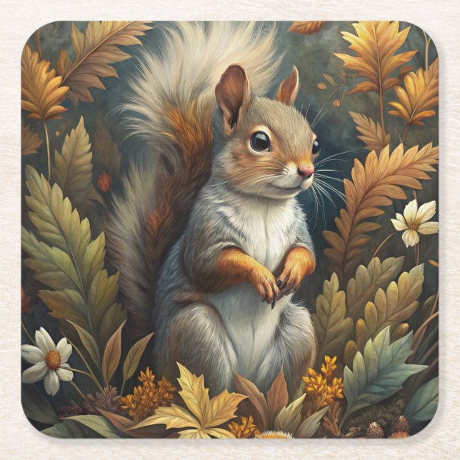 Cute Squirrel Square Paper Coaster (Front)