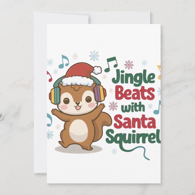 Cute Squirrel Wearing Santa Hat and Headphones - H Holiday Card (Front)
