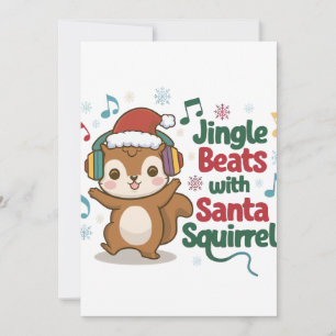 Cute Squirrel Wearing Santa Hat and Headphones - H Holiday Card