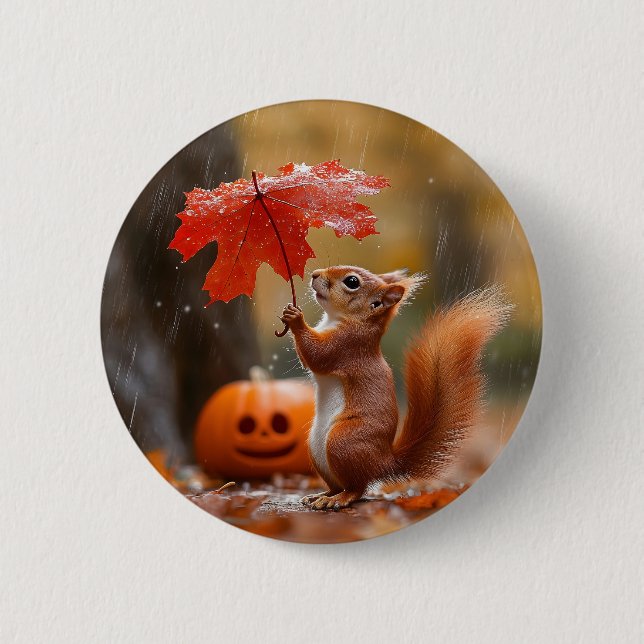 Cute Squirrel with a Leaf Umbrella - Autumn Rain 6 Cm Round Badge (Front)