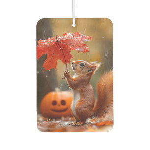 Cute Squirrel with a Leaf Umbrella - Autumn Rain Car Air Freshener