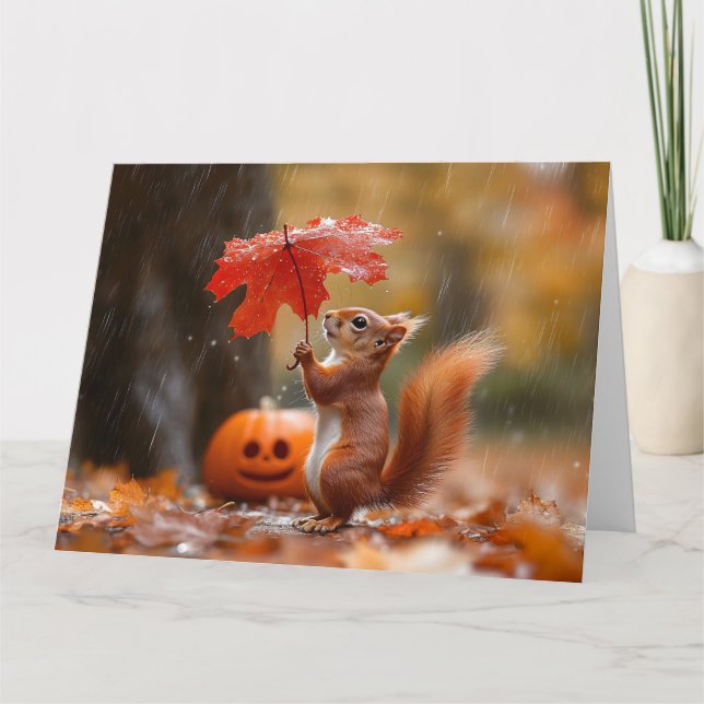 Cute Squirrel with a Leaf Umbrella - Autumn Rain Card (Front)
