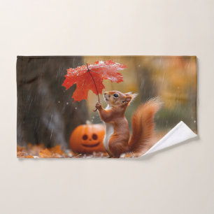 Cute Squirrel with a Leaf Umbrella - Autumn Rain Hand Towel
