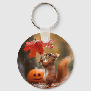 Cute Squirrel with a Leaf Umbrella - Autumn Rain Key Ring