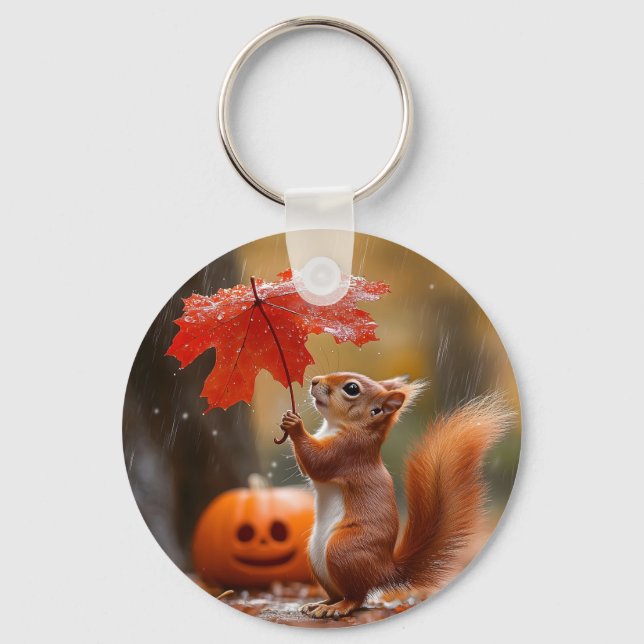 Cute Squirrel with a Leaf Umbrella - Autumn Rain Key Ring (Front)