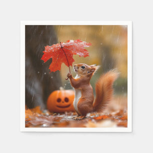 Cute Squirrel with a Leaf Umbrella - Autumn Rain Napkin