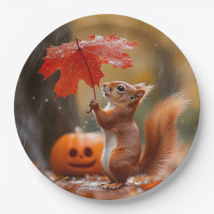 Cute Squirrel with a Leaf Umbrella - Autumn Rain Paper Plate