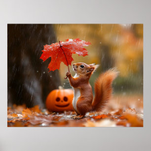 Cute Squirrel with a Leaf Umbrella - Autumn Rain Poster