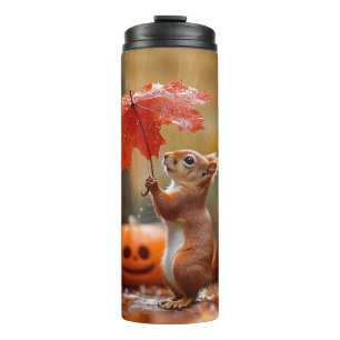 Cute Squirrel with a Leaf Umbrella - Autumn Rain Thermal Tumbler