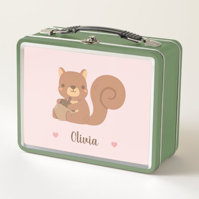 Cute Squirrel With Acorn Girls Personalised Metal Lunch Box (Front)