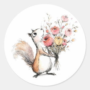 Cute Squirrel with Flower Bouquet Classic Round Sticker