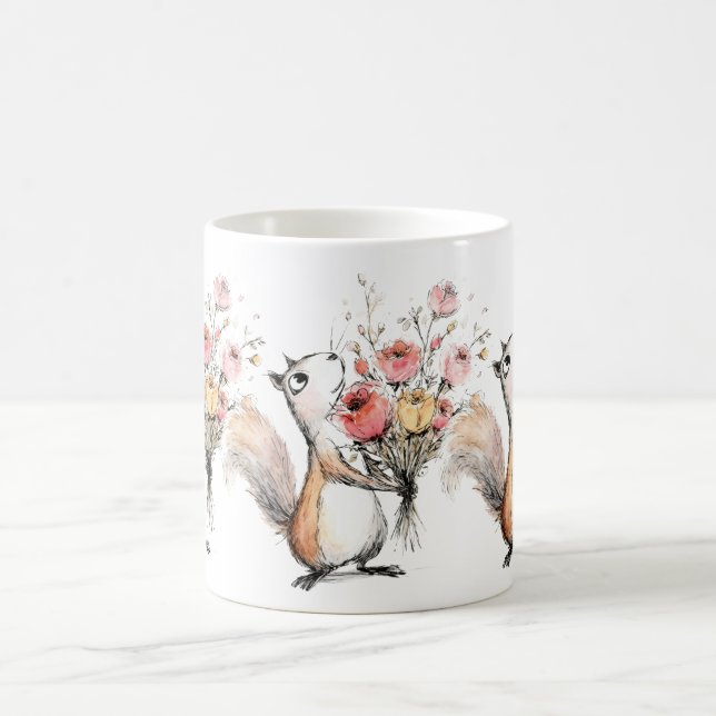 Cute Squirrel with Flower Bouquet Coffee Mug (Center)