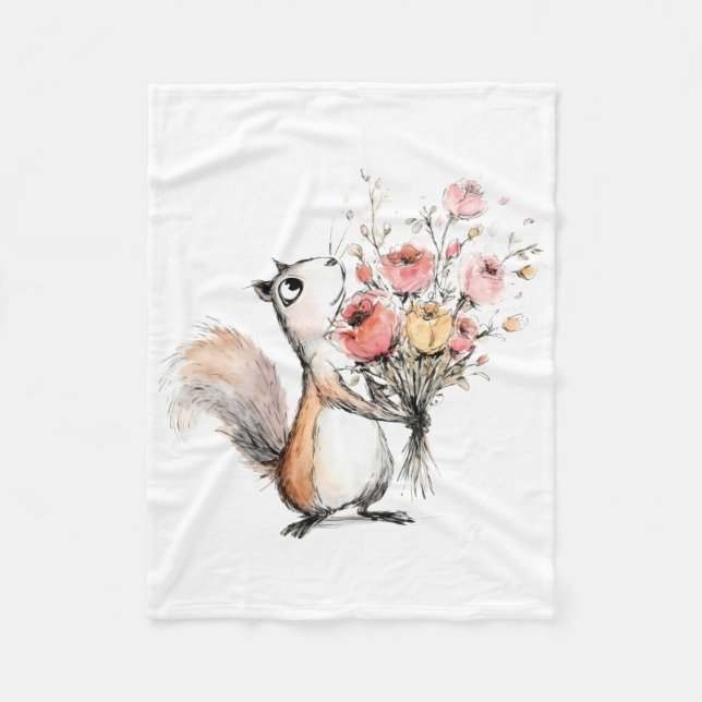 Cute Squirrel with Flower Bouquet Fleece Blanket (Front)