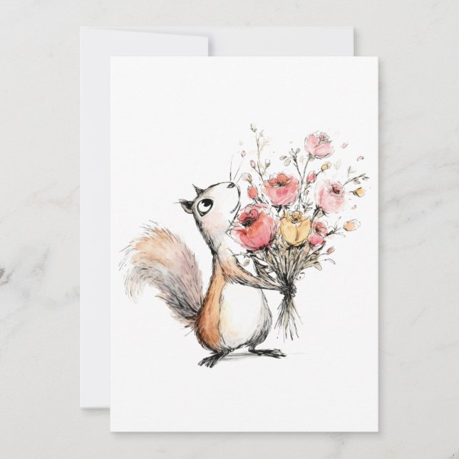 Cute Squirrel with Flower Bouquet Invitation (Front)