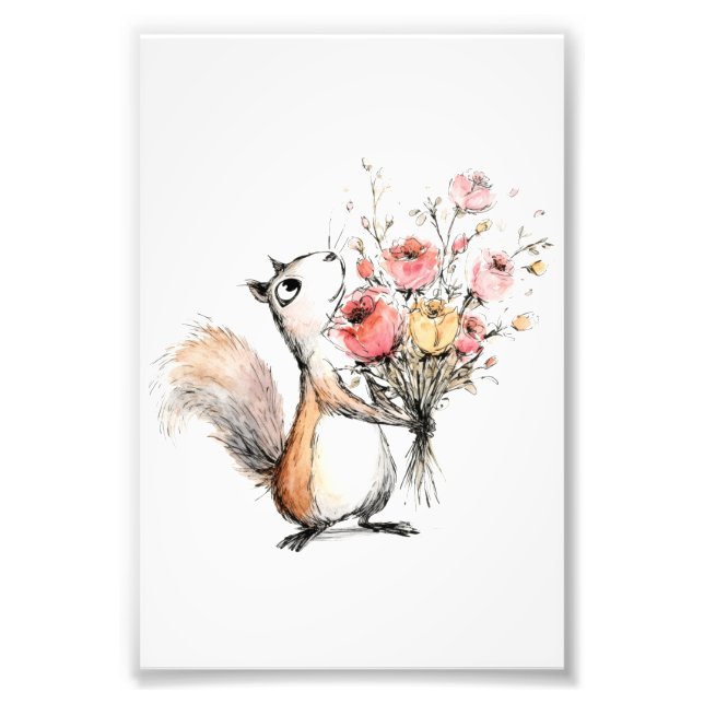 Cute Squirrel with Flower Bouquet Photo Print (Front)