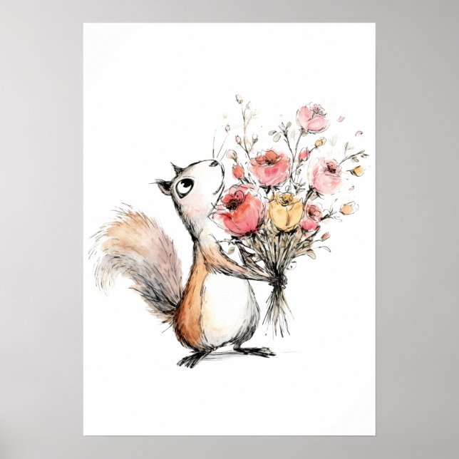 Cute Squirrel with Flower Bouquet Poster (Front)