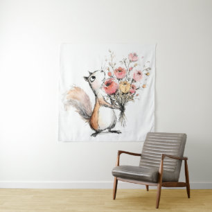 Cute Squirrel with Flower Bouquet Tapestry