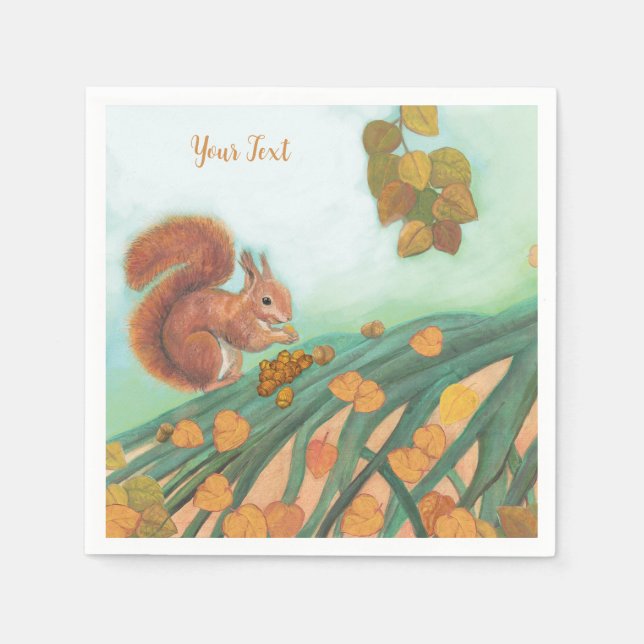 Cute Squirrel with hazelnuts illustration custom Napkin (Front)