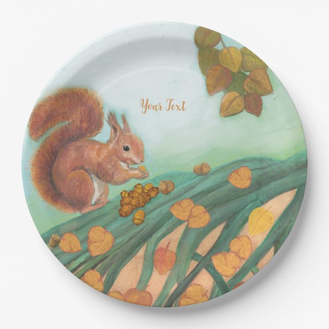Cute Squirrel with hazelnuts illustration custom Paper Plate (Front)