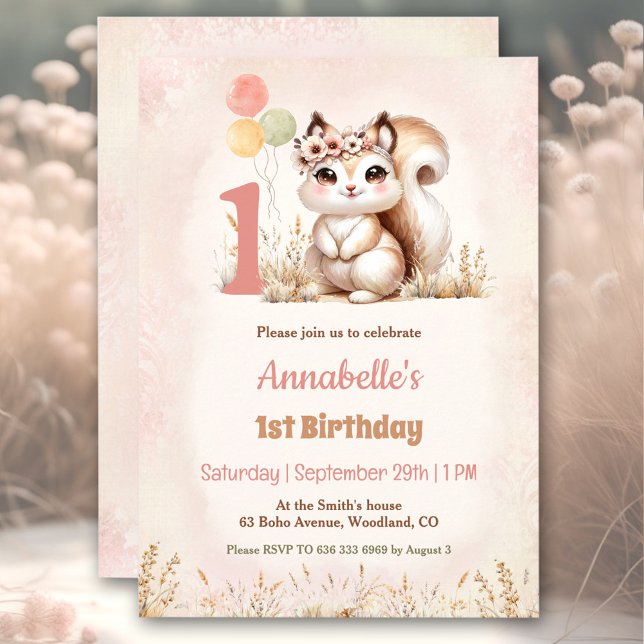 Cute Squirrel Woodland Boho Girl 1st Birthday  Invitation (Cute Squirrel Woodland Boho Girl 1st Birthday Invitation)