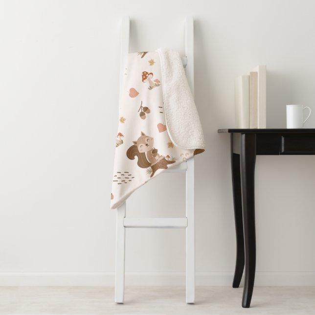 Cute Squirrel Woodland Forest Pattern Sherpa Blanket (In Situ)
