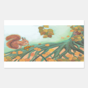 Cute Squirrels Eating Hazelnuts Illustration   Rectangular Sticker