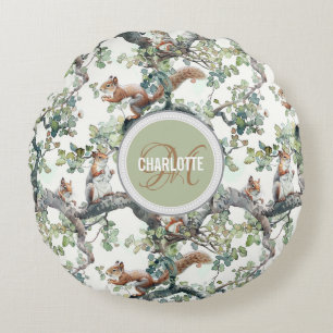 Cute squirrels pattern monogram name round cushion