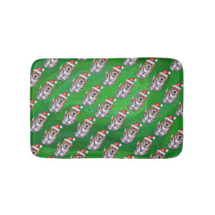 Cute St. Bernard in Hat Pattern on Green Bath Mat