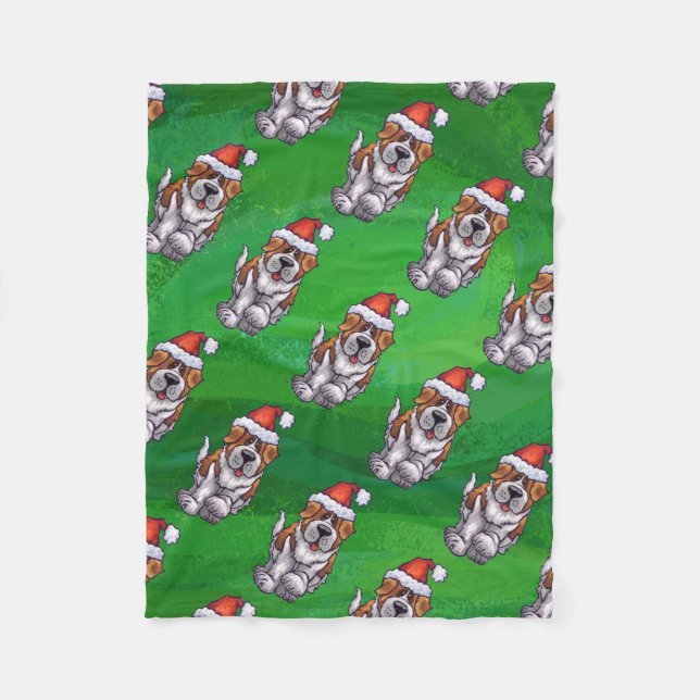 Cute St. Bernard in Hat Pattern on Green Fleece Blanket (Front)