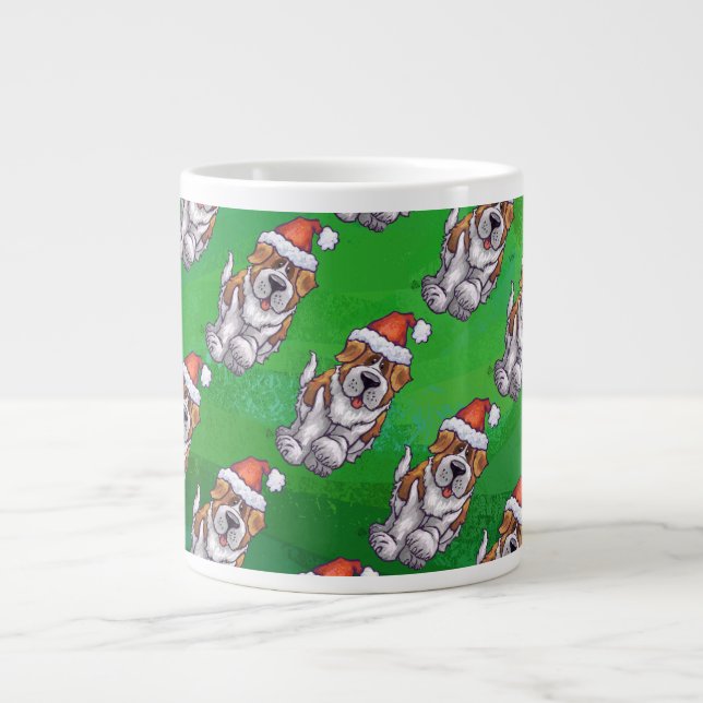 Cute St. Bernard in Hat Pattern on Green Large Coffee Mug (Front)