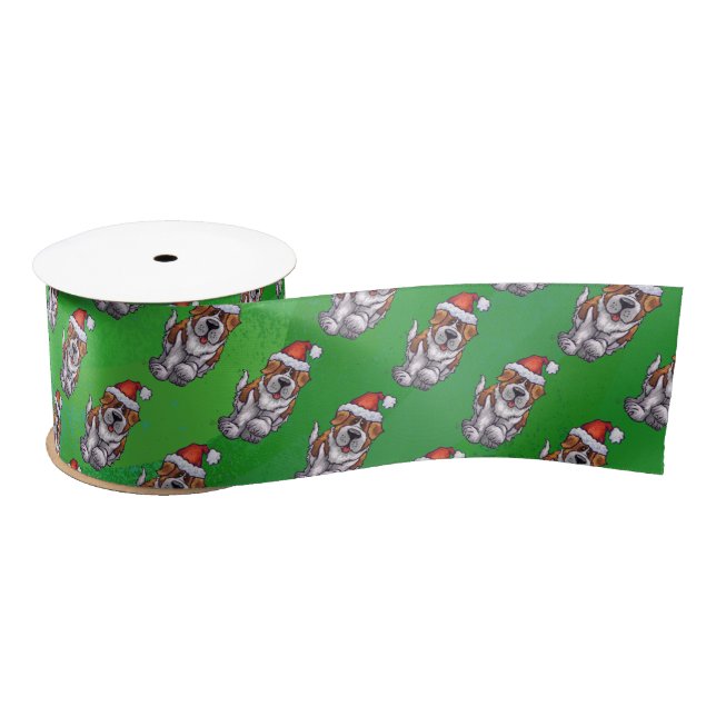 Cute St. Bernard in Hat Pattern on Green Satin Ribbon (Spool)